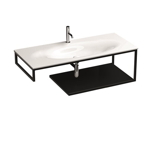 Wall-hung matt black stainless steel vanity unit with black gres with shelf for 102 cm 