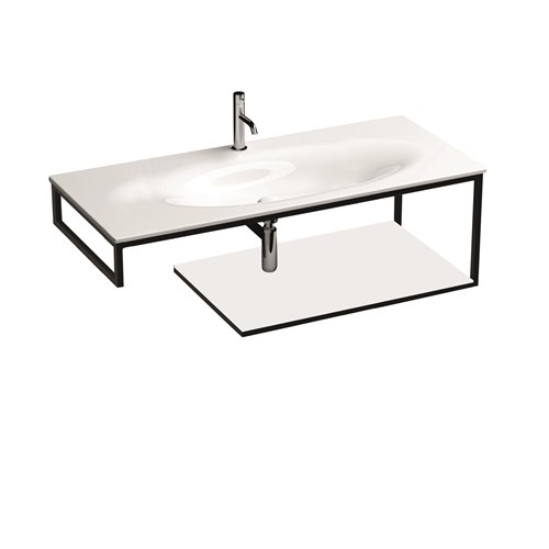 Wall-hung matt black stainless steel vanity unit with white gres with shelf for 102 cm Shape washbas