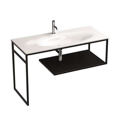 Floor-standing matt black stainless steel vanity unit with black gres with shelf for 122 cm 